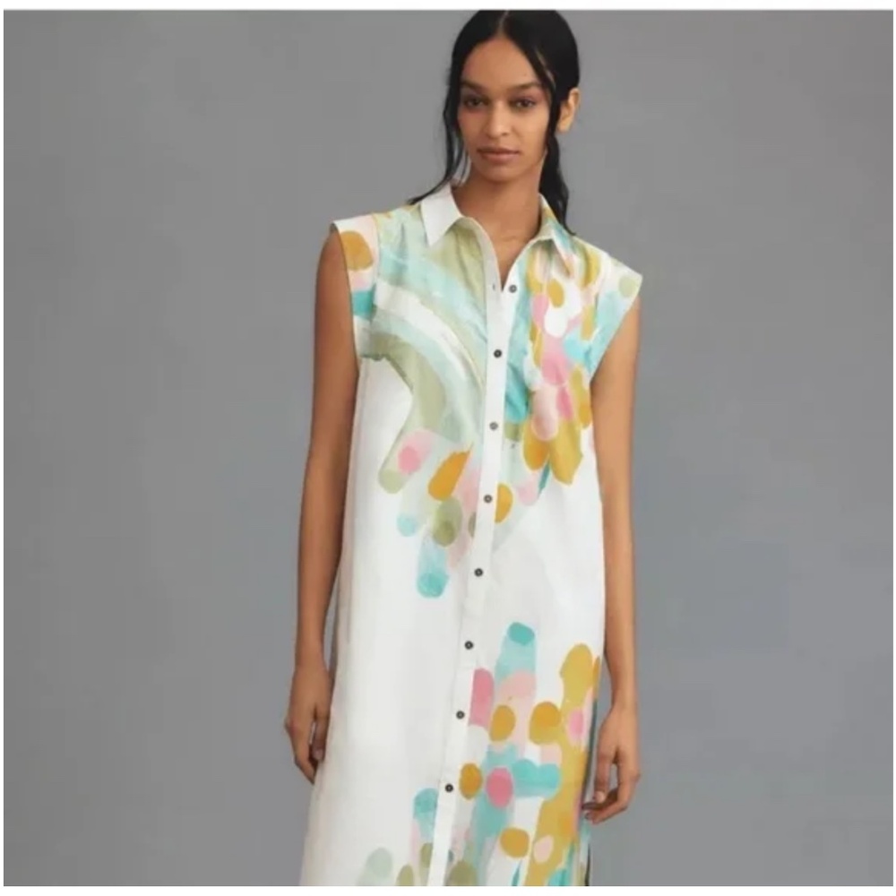 Anthropologie The Lillian Cap Sleeve Button Front Midi Dress